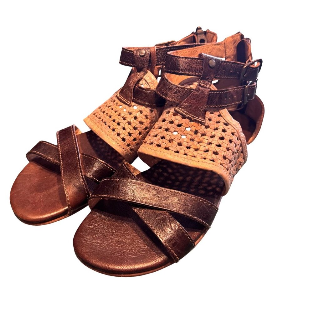 Bed Stu Brown Leather Woven Sandals With Zippered Back Adjustable Straps Gladiat